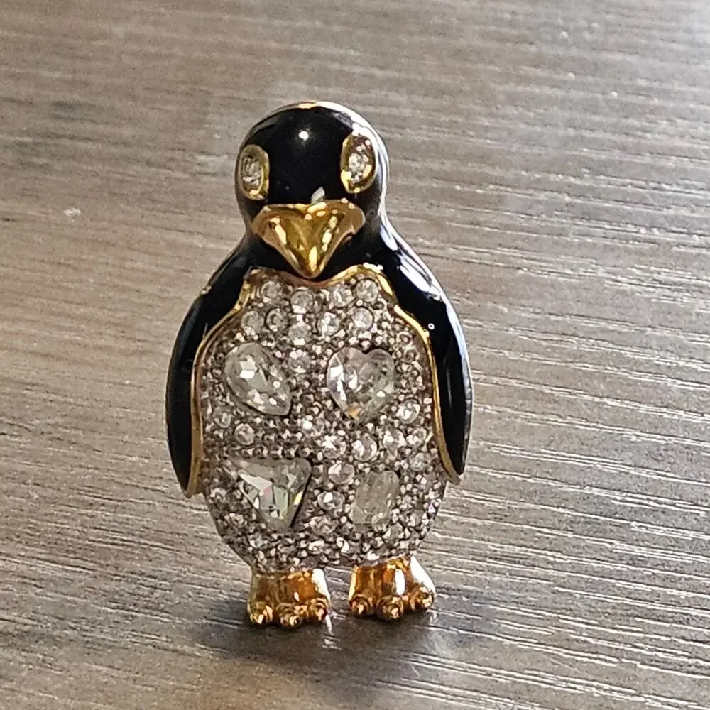 Swarovski Crystal Penguin Brooch with Gold Details